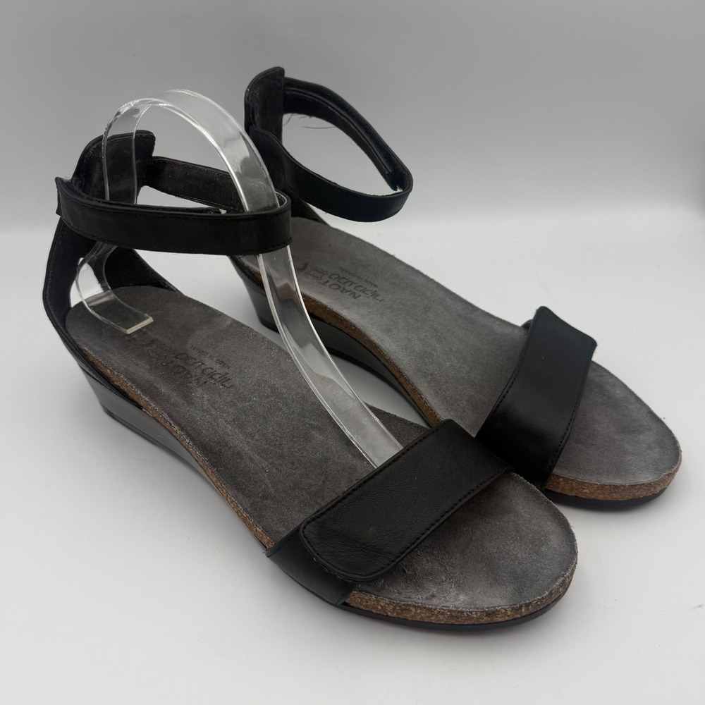 Naot Pixie Women Black Leather Wedge Sandals Ankle Strap Hook Loop Size EU 40 9